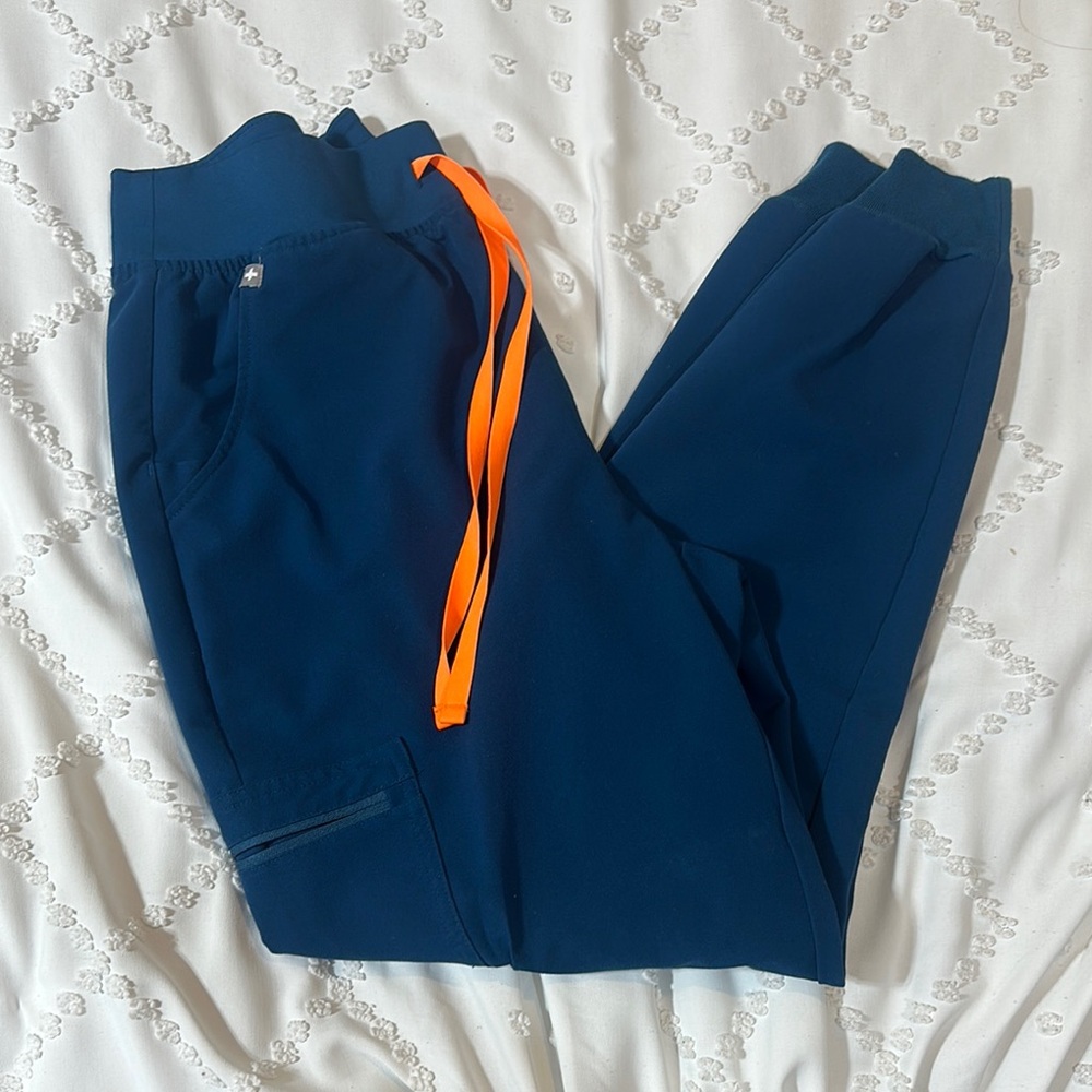 Figs Navy Blue Scrub Joggers with Orange Accents